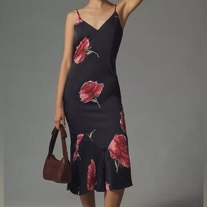 Anthropologie Adelyn Rae Black Floral V Neck Pleated Maxi Slip Dress NWT Size XL